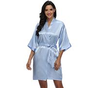 PENGEE Women's Satin Kimono Robe Wedding Getting Ready Silky Bathrobe Short Bridesmaid Dressing Gown, Light Blue, Small