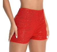 PengFaXin Womens Sequins High Elastic Waist Solid Night Out Glitter Party Shorts(Red, X-Large)
