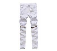 PengGeng Mens Solid Color High Elasticity Denim Biker Jeans with Zipper White Black 36