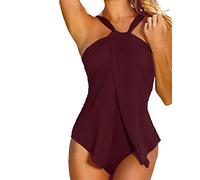 PengGeng Women's Swimming Costume Hater Neck Low Back Wrap Padded One Piece Swimsuit Wine Red 3XL