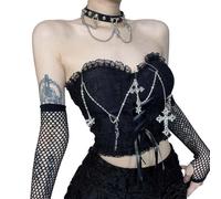 PengGengA Gothic Punk Corset Crop Top for Women Black Lace Bustier with Chains, Crosses & Ribbon, Alternative Y2K Grunge Emo Harajuku Aesthetic