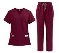 PengGengA Scrubs Set for Women Nurse Uniform Jogger Suit Stretch Top & Pants with Multi Pockets Workwear (Wine Red, S)