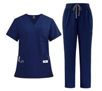 PengGengA Scrubs Set for Women Nurse Uniform Jogger Suit Stretch Top & Pants with Multi Pockets Workwear (Dark Blue, L)