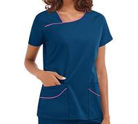 PengGengA Women Scrub Top with Pockets Short Sleeve Shirts Medical Uniform T-shirt for Private Health Care Workers, Sapphire, L
