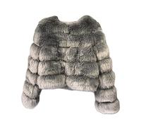 PengGengA Women's Faux Fur Coat Plain Long Sleeve Crew Neck Jacket Shaggy Outwear with Hook Fasteners (Gray, S)