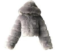 PengGengA Women's Faux Fur Coat Short Artificial Plush Parka Jacket Solid Color Shaggy Hooded Cardigan Open Front Crop Tops Long Sleeve Warm Outwear Fluffy Overcoat - Grey, L
