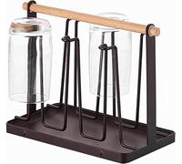 PENGQIMM 6 Cups Mug Glass Stand Holder Metal,Cup Drying Rack Stand with Drain Tray,Cup Hanging Drainer Upside-Down,Metal Bottle Drying Organizer with Handle Cup Drying Holder Stand,Bottle Drying Rack