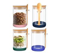 PENGSHU Glass Jars with Bamboo Lids and Spoons - Airtight Storage Containers with Protective Non-Slip Coasters, Kitchen Canisters for Tea, Coffee, Sugar, Overnight Oats, Salt, 450 ML, Set of 4