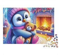 Penguin 1000 Piece Hard Puzzle for Adults Penguin Hugging Teddy by Fireplace Premium Thick Sturdy Vibrant Stress Relief Game 38x26cm/1000pcs