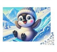 Penguin 1000 Piece Men Women Adults Puzzle Cute Penguin Sledding on Snowy Hill Premium Thick Sturdy Vibrant Challenging Stress Relief 38x26cm/1000pcs