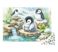 Penguin 1000pc Stream Penguins Heavy-duty Cardboard Puzzle for Adults Brain Teaser Lovers Team Building Holiday Pastime Collectible Item Missing Piece Guarantee 38x26cm/1000pcs