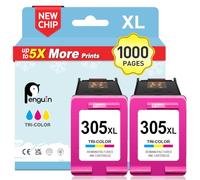 Penguin 305 XL Tri-Colour Ink Cartridges for HP 2810e 2820e 6030e 6022e | Deskjet 2800e 4220e 4222e 4200e Envy 6032e 6020e 6022e Envy Pro 6430 6420 305XL 305 Printer Ink Replacement 2 pack
