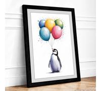 Penguin and Balloons Whimsical Framed Wall Art Print A2 (59.4×42cm) Black, Wall Decor for Living Room, Bedroom, Office & Home, Ready to Hang, Art Gift
