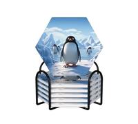Penguin Antarctica Ice Coasters Set of 6 Ceramic Coaster with Holder Absorbent Coasters for Drinks Heat Resistant Coffee Table Coasters Cup Pad for Kitchen Office Home Decoration