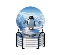 Penguin Antarctica Ice Coasters Set of 6 Ceramic Coaster with Holder Absorbent Coasters for Drinks Heat Resistant Coffee Table Coasters Cup Pad for Kitchen Office Home Decoration