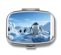 Penguin Antarctica Ice Pill Box 2 Compartment Small Square Pills Case Portable for Pocket Pill Organizer Travel Metal Pill Holder for Office Home Vitamin Medicine Fish Oil