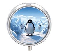 Penguin Antarctica Ice Round Pill Box 3 Compartment Medicine Pill Organizer with Mirror Travel Small Pill Case Cute Vitamin Organizer Portable Daily Pill Container for Pocket Purse