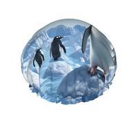 Penguin Antarctica Ice Shower Caps for Women Reusable Waterproof Shower Cap with Elastic Strap Bath Hair Hat Double Layers Thick Bath Caps for Spa Salon Travel