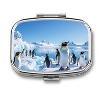 Penguin Antarctica IcePill Organizer with Mirror, 2 Compartment Metal Travel Pill Case, Weekly Medicine Container for Daily Meds, Compact & Artistic Design for Purse, Pocket, Or Wallet