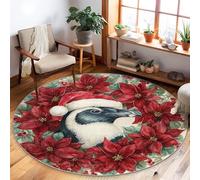 Penguin Area Rug, Christmas Festive Poinsettia Berries Christmas Red Non-Slip Backing Home Floor Circle Print Carpet Rugs for Living Room Bedroom Dining Desk Office Decor 5' X 5'