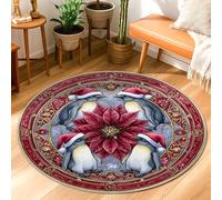 Penguin Area Rug, Christmas Festive Poinsettia Snowflake Xmas Red Low Pile Edge Binding Doormat Throw Rug Circle Entryway Bathroom Kitchen Doorway Decor 3' X 3'