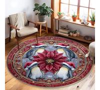 Penguin Area Rug, Christmas Festive Poinsettia Snowflake Xmas Red Non-Slip Backing Home Floor Circle Print Carpet Rugs for Living Room Bedroom Under Bed Apartment Decor 5' X 5'