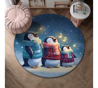 Penguin Area Rug, Winter Festive Scarf Snow Winter Blue Non-Slip Home Floor Doormat Circle Print Accents Rug Bathroom Entryway Bedside Doorway Decor 4' X 4'