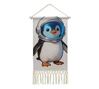 Penguin Astronaut Poster Hanger Frame, Long Vertical Wall Hanging Vintage Tapestry with Tassel, Room Decor, Hanging Cotton Linen Framed Wall Art Decor for Home, 10x19.6 Inch