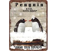 Penguin Bath Soap Metal Tin Sign Wash Your Hands Retro Sign Home Livingroom Bathroom Decor Fun Gift Painting Plaque Alumimum Sign For Home Office Cafes Bars Apartment Hotel 5.5x8 Inch Sign Gift