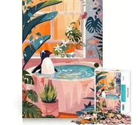 Penguin Bathing in A Lush Setting Hard Jigsaw Puzzle for Adults 1000 Pieces Think Toy Peaceful Fun Clean Cut Fine Art Piece (50x75cm)
