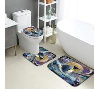 Penguin Bathroom Mat Sets 3 Piece, Abstract Blue Waves Art Non Slip Toilet Rugs U Shaped Washable, Winter Themed Quick Dry Memory Foam Bathroom Rug Set