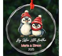 Penguin Big Sister & Little Brother Christmas Tree Decorations Glass Keepsake With Ribbon Memorial