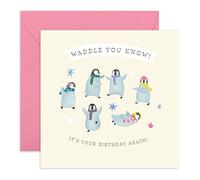 Penguin Birthday Card - Cute Waddle - Adorable Birthday Card for Him, Her, Friend, Colleagues, Brother, Sister, Coworkers, Boys, Girls, Children, All Ages - Arctic Animal - Comes with Fun Stickers