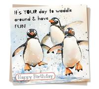 Penguin Birthday Card, Funny - Waddle, Have Fun - for Friend, Family | for Him, Her, Men, Women, Mum, Dad, Kids, Sister, Colleague - Snow, Watercolour, Trio - Blank Inside, with Envelope