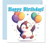 Penguin Birthday Cards - Balloon Animals - Happy Birthday Card for Son Daughter Brother Sister Grandson Granddaughter Niece Nephew Cousin, 145mm x 145mm Bday Greeting Cards