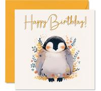 Penguin Birthday Cards - Floral Birds - Happy Birthday Card for Mum Dad Brother Sister Auntie Uncle Cousin Friend Family Colleague 145mm Bday Greeting Cards