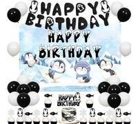 Penguin Birthday Decorations, Black White Balloons with Penguin Happy Birthday Backdrop Banner Cake Cupcake Toppers for Winter Birthday Baby Shower Party