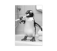 Penguin Brushing Teeth, Funny Bathroom Wall Art, Cute Laundry Room Decor, Animals in Bathroom, Retro Penguin Humor Print, Ai Art-1