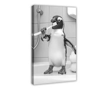 Penguin Brushing Teeth, Funny Bathroom Wall Art, Cute Laundry Room Decor, Animals in Bathroom, Retro Penguin Humor Print, Ai Art-1