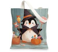 Penguin Canvas Tote Bags, Cute Animal Pattern Reusable Grocery Bags, Fun Halloween Lightweight Washable Shoulder Strap Bags, Multicolor, 13x15 Inch