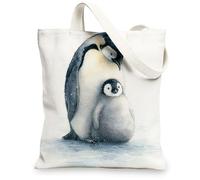 Penguin Canvas Tote Bags, Cute Penguin Design Reusable Shopping Bags, Modern Minimalistic Eco-Friendly Lightweight Canvas B, White, 13x15 Inch