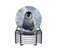 (penguin chick) Ceramic Coasters for Drinks Set of 6 with Cork Base and Holder Drink Coaster for Table Protection Kitchen Bar Home Decor Gift for Housewarming Wedding Round