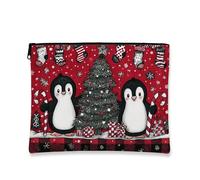 Penguin Cosmetic Bag, Cute Christmas Holiday Makeup Pouch for Women, Portable Small Canvas Zipper Organizer, Winter Skincare Toiletry Bag, Red, 7x9 Inch, Penguin
