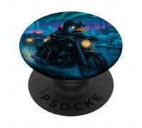 Penguin Cyberpunk Rider Motorcycle Biker Synthwave PopSockets Adhesive PopGrip