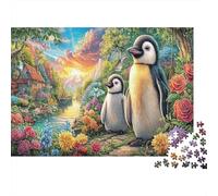 Penguin Duo Cardboard Penguins in Flower Field at Sunrise Premium Jigsaw Puzzle Boredom Buster Home Decor 52x38cm/1000pcs
