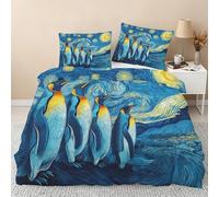 Penguin Duvet Cover King Size, Reversible Print Design, 3 Pcs Starry Night Cute Penguin Bedding Set, Soft Microfibre Quilt Cover with 2 Pillowcases, Zip GS*49