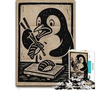 Penguin eating sushi woodcut illustration Jigsaw Puzzle, 1000 Piece | Enjoy a quiet hobby for adults around the table for screen-free time.