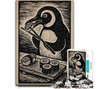 Penguin eating sushi woodcut illustration Jigsaw Puzzle, 1000 Piece | Mindful activity for adults during family time for relaxed downtime.