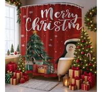 Penguin Extra Wide Shower Curtain, Festive Fanciful Christmas Tree Gifts Christmas Red Polyester Waterproof Decorative Bathroom Curtain Decor for Bathroom Guest Room 108x72 Inch