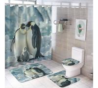 Penguin Family Bathroom Sets 4 Pcs Shower Curtain Sets with Rugs, Toilet Lid Cover And Bath Mat with 12 Hooks
